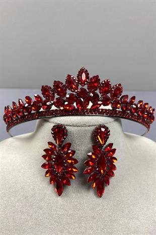 Kırmızı Leyn Gelin Kına Tacı Ve İnce Mekik Taşlı Küpe