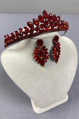 Kırmızı Leyn Gelin Kına Tacı Ve İnce Mekik Taşlı Küpe