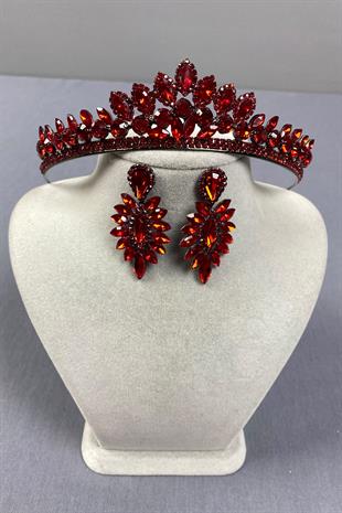 Kırmızı Leyn Gelin Kına Tacı Ve İnce Mekik Taşlı Küpe