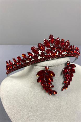 Red Leyn Bridal Henna Crown and Leaf Stone Earring Set