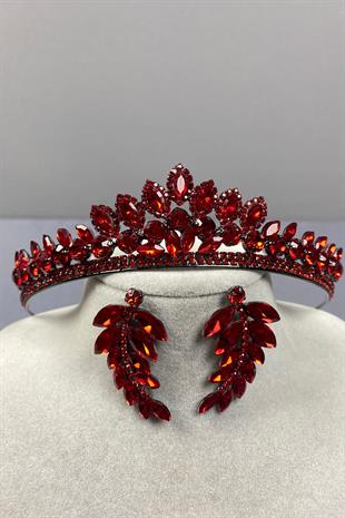 Red Leyn Bridal Henna Crown and Leaf Stone Earring Set