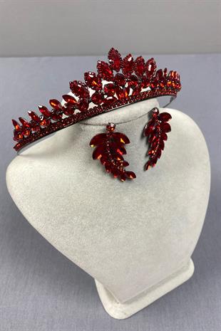 Red Leyn Bridal Henna Crown and Leaf Stone Earring Set