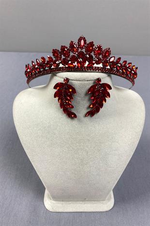 Red Leyn Bridal Henna Crown and Leaf Stone Earring Set