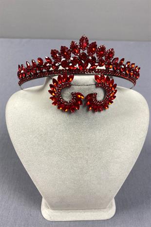 Red Leyn Bridal Henna Crown and Round Stone Earring Set