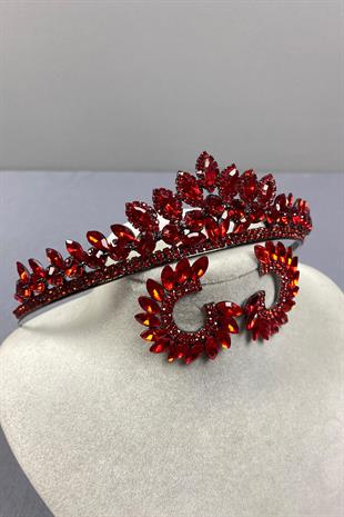 Red Leyn Bridal Henna Crown and Round Stone Earring Set
