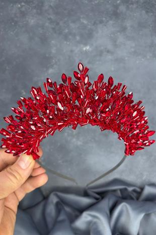 Kırmızı Maria Yoğun İşlemeli Kristalli Gelin Kına Tacı Saç Aksesuarı