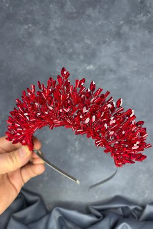 Kırmızı Maria Yoğun İşlemeli Kristalli Gelin Kına Tacı Saç Aksesuarı