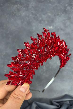 Kırmızı Maria Yoğun İşlemeli Kristalli Gelin Kına Tacı Saç Aksesuarı