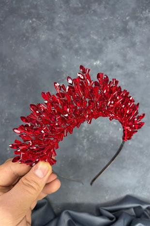 Kırmızı Maria Yoğun İşlemeli Kristalli Gelin Kına Tacı Saç Aksesuarı