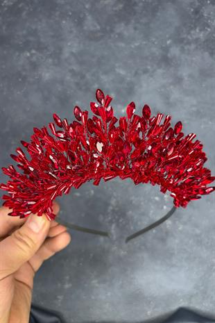 Kırmızı Maria Yoğun İşlemeli Kristalli Gelin Kına Tacı Saç Aksesuarı