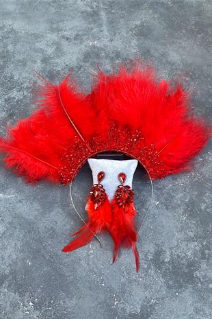 Red Maya Hairy Crystal Beaded Bridal Henna Tiara and Earring