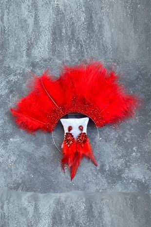 Red Maya Hairy Crystal Beaded Bridal Henna Tiara and Earring