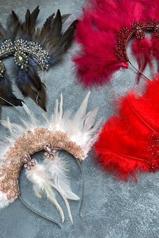Red Maya Hairy Crystal Beaded Bridal Henna Tiara and Earring
