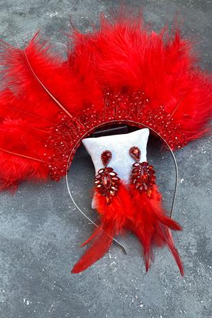 Red Maya Hairy Crystal Beaded Bridal Henna Tiara and Earring