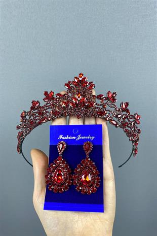 Red Melis Bridal Henna Crown And Stone Drop Earrings
