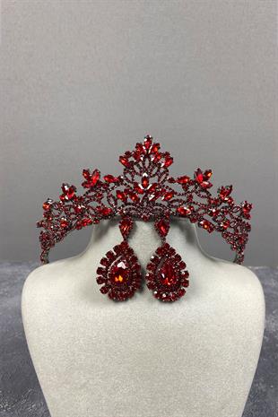 Red Melis Bridal Henna Crown And Stone Drop Earrings