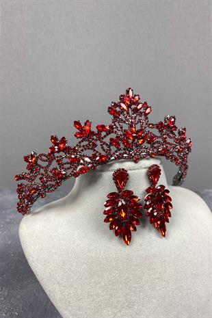 Red Melis Bridal Henna Crown And Studded Stone Earrings