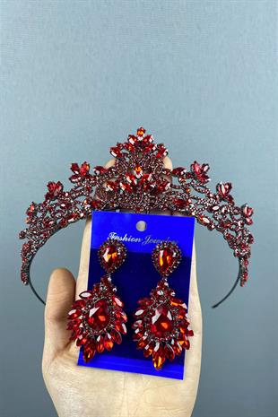 Red Melis Bridal Henna Crown And Studded Earrings