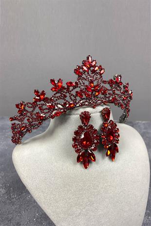 Red Melis Bridal Henna Crown And Studded Earring Set