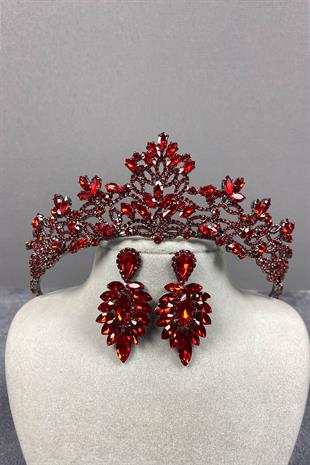 Red Melis Bridal Henna Crown And Studded Stone Earrings