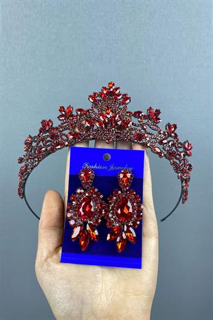 Red Melis Bridal Henna Crown And Studded Earring Set