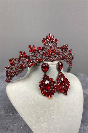 Red Melis Bridal Henna Crown And Studded Earrings