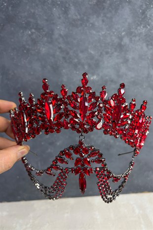 Kırmızı Miri Yüksek Sallantılı Alınlık Gelin Kına Tacı