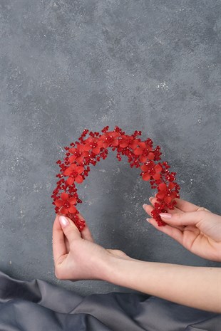 Kırmızı Nida Çiçek Mineli Gelin Tacı Saç ve Türban Aksesuarı