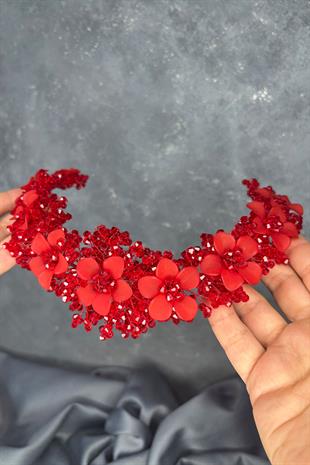Kırmızı Nileda Kristal Boncuklu Gelin Kına Tacı Saç Aksesuarı