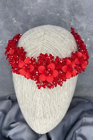 Kırmızı Nileda Kristal Boncuklu Gelin Kına Tacı Saç Aksesuarı