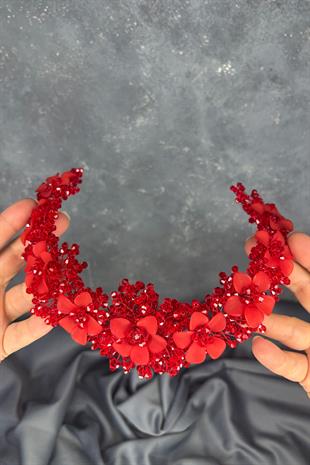 Kırmızı Nileda Kristal Boncuklu Gelin Kına Tacı Saç Aksesuarı