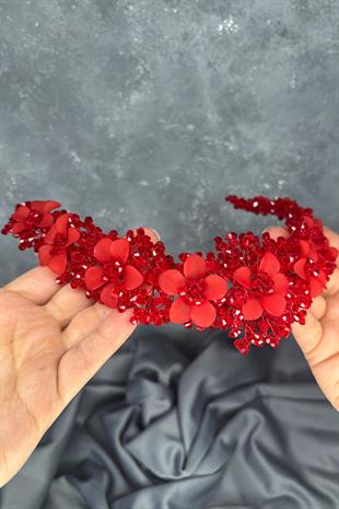 Kırmızı Nileda Kristal Boncuklu Gelin Kına Tacı Saç Aksesuarı