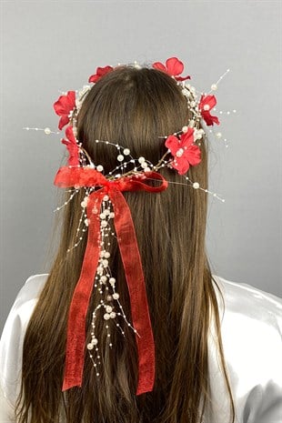 Kırmızı Ortanca Çiçekli Özel Gelin Kına Tacı