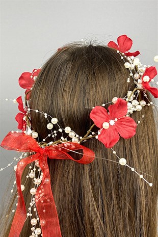 Kırmızı Ortanca Çiçekli Özel Gelin Kına Tacı