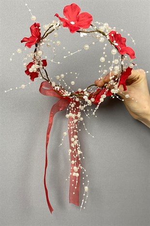 Kırmızı Ortanca Çiçekli Özel Gelin Kına Tacı