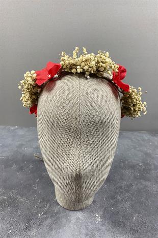 Kırmızı Ortanca Ve Şoklanmış Cipso Kuru Çiçekli Dış Çekim Gelin Tacı