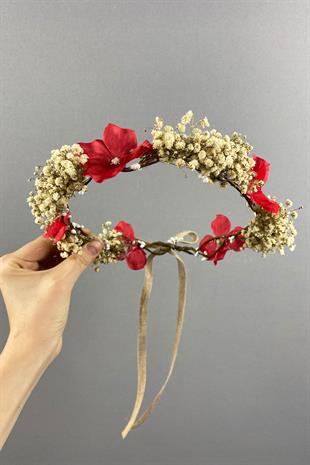 Kırmızı Ortanca Ve Şoklanmış Cipso Kuru Çiçekli Dış Çekim Gelin Tacı