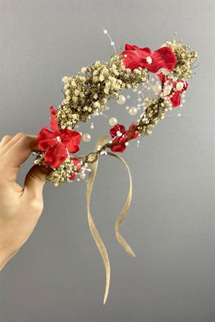Kırmızı  Ortanca Ve Şoklanmış Cipso Kuru Çiçekli İncili Gelin Tacı