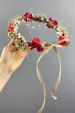 Kırmızı  Ortanca Ve Şoklanmış Cipso Kuru Çiçekli İncili Gelin Tacı