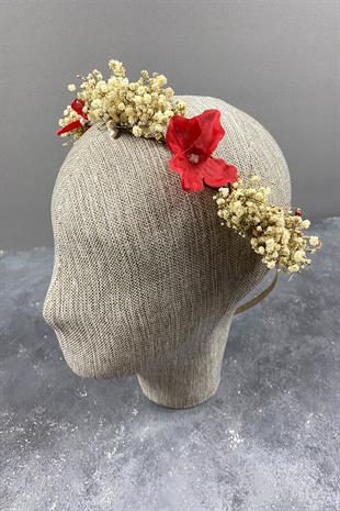 Kırmızı Ortanca Ve Şoklanmış Cipso Kuru Çiçekli Dış Çekim Gelin Tacı