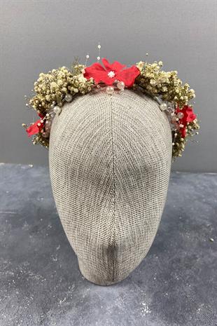 Kırmızı  Ortanca Ve Şoklanmış Cipso Kuru Çiçekli İncili Gelin Tacı