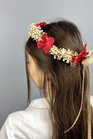 Kırmızı Ortancalı Kuru Çiçekli Dış Çekim Gelin Saç Aksesuarı