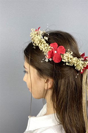 Kırmızı Ortancalı Kuru Çiçekli İncili Dış Çekim Gelin Saç Aksesuarı