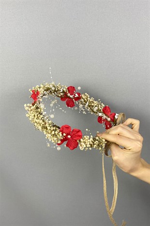 Kırmızı Ortancalı Kuru Çiçekli İncili Dış Çekim Gelin Saç Aksesuarı