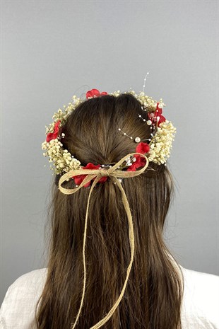 Kırmızı Ortancalı Kuru Çiçekli İncili Dış Çekim Gelin Saç Aksesuarı