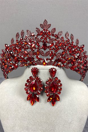 Red Oscar Bridal Henna Tiara And Evening Dress Earring Set