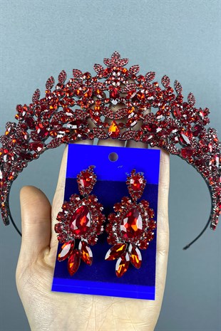 Red Oscar Bridal Henna Tiara And Evening Dress Earring Set
