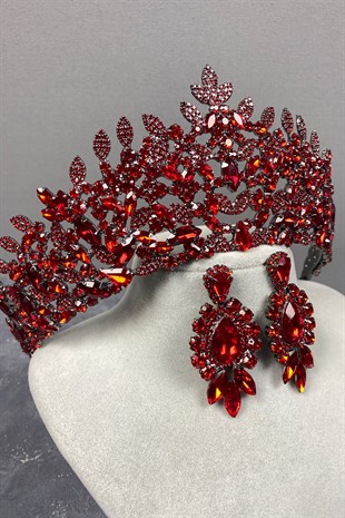 Red Oscar Bridal Henna Tiara And Evening Dress Earring Set