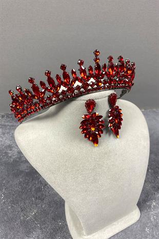 Kırmızı Pedro Taşlı Gelin Kına Tacı Ve Küpeli Set