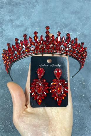 Kırmızı Pedro Taşlı Gelin Kına Tacı Ve Küpeli Set